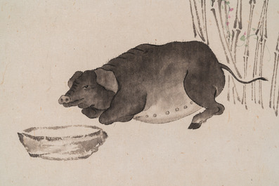 Pu Xinyu 溥心畬 (1896-1963): 'A pig resting by wisteria', ink and colour on paper