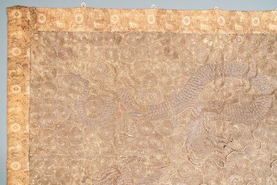 A large Japanese metal-thread-embroidered 'three dragons' wall tapestry, Edo, 18/19th C.