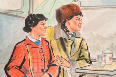 Chen Xiubai (20&egrave;me): Deux &eacute;tudiantes en route pour la campagne, aquarelle sur papier, dat&eacute;e 1974