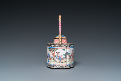 A Chinese Canton enamel teapot, a wine jug and a wine cup, Yongzheng/Qianlong