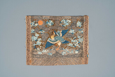 Two Chinese embroidered silk rank badges with cranes, 19th C.