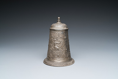 A pewter 'Three continents' mug and cover, monogram CE for Caspar Enderlein (1560&ndash;1633), Nuremberg, 16/17th C.