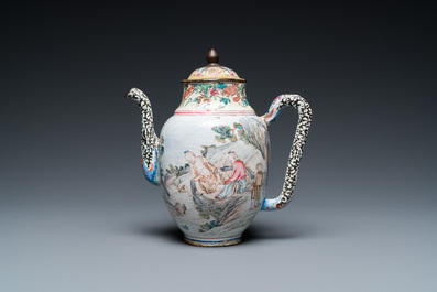 A Chinese Canton enamel teapot, a wine jug and a wine cup, Yongzheng/Qianlong