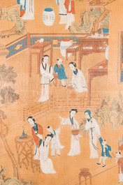 Chinese school: Two garden scenes with ladies and boys, ink and colour on silk, Qing