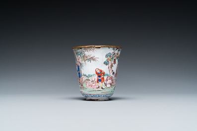 A Chinese Canton enamel teapot, a wine jug and a wine cup, Yongzheng/Qianlong