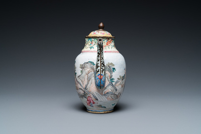 A Chinese Canton enamel teapot, a wine jug and a wine cup, Yongzheng/Qianlong