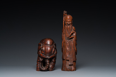 A Chinese carved bamboo statue of an elephant and one of Shou Lao, 19/20th C.