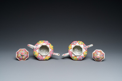 A pair of Chinese octagonal famille rose teapots on stands, Yongzheng
