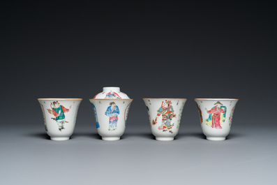 Vier Chinese famille rose 'Wu Shuang Pu' koppen en drie schotels, Daoguang merk en periode
