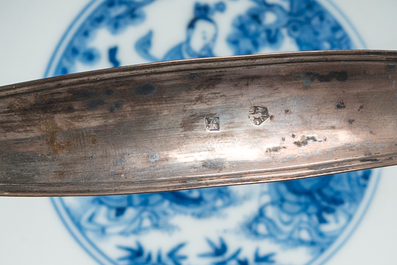 A Chinese blue and white 'eight immortals' bowl with silver handle, Qianlong mark and of the period