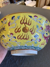 A Chinese yellow-ground famille rose 'dragon and phoenix' bowl, Xuantong mark and of the period