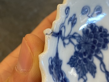 Three Chinese leaf-shaped brush washers in blue and white, blanc de Chine and sancai enamels, 18/19th C.