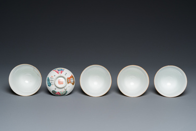 Four Chinese famille rose 'Wu Shuang Pu' cups and three saucers, Daoguang mark and of the period