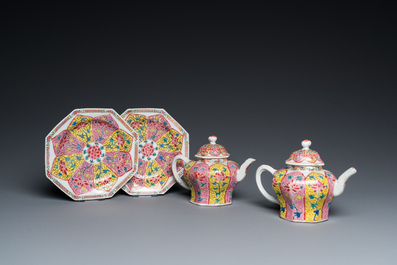 A pair of Chinese octagonal famille rose teapots on stands, Yongzheng