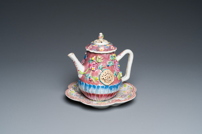 A Chinese famille rose relief-decorated teapot and cover on stand, Yongzheng
