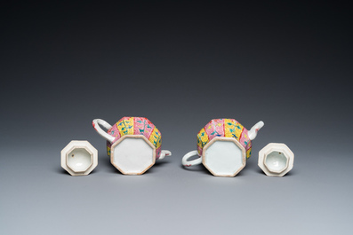 Paire de th&eacute;i&egrave;res sur supports de forme octogonale en porcelaine de Chine famille rose, Yongzheng