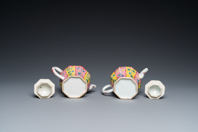 A pair of Chinese octagonal famille rose teapots on stands, Yongzheng