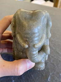 A Chinese grey-speckled celadon jade elephant, Qing