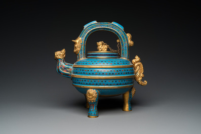 A large Chinese cloisonn&eacute; tripod wine ewer and cover, 19/20th C.