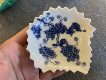 Three Chinese leaf-shaped brush washers in blue and white, blanc de Chine and sancai enamels, 18/19th C.
