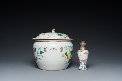 A Chinese silver-mounted famille rose vase and a covered bowl, 19th C.