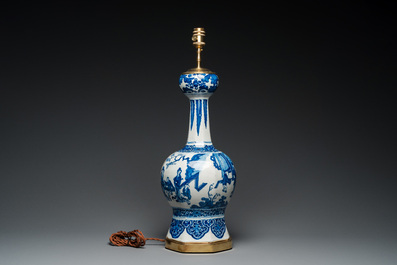 A large Dutch Delft blue and white chinoiserie vase mounted as a lamp, 1st quarter 18th C.