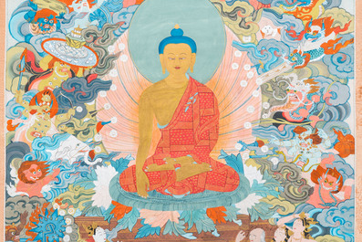 Twee thangka's met Shakyamuni Boeddha, Tibet, 20e eeuw