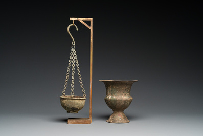 A Byzantine or Roman bronze vase and a hanging incense burner, 5/7th C.