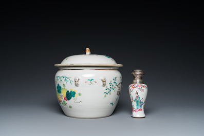 A Chinese silver-mounted famille rose vase and a covered bowl, 19th C.