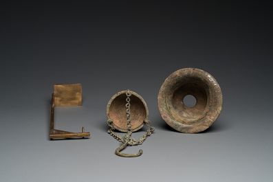 A Byzantine or Roman bronze vase and a hanging incense burner, 5/7th C.