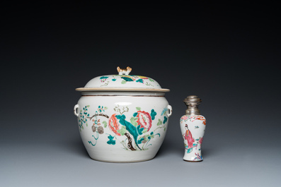 A Chinese silver-mounted famille rose vase and a covered bowl, 19th C.