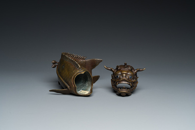 A Chinese bronze dragonfish form censer, Ming