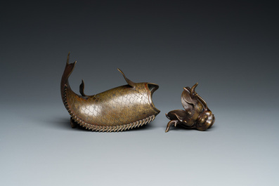 A Chinese bronze dragonfish form censer, Ming