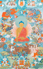 Twee thangka's met Shakyamuni Boeddha, Tibet, 20e eeuw