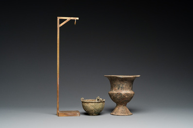 A Byzantine or Roman bronze vase and a hanging incense burner, 5/7th C.