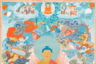 Twee thangka's met Shakyamuni Boeddha, Tibet, 20e eeuw