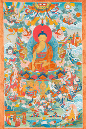 Twee thangka's met Shakyamuni Boeddha, Tibet, 20e eeuw