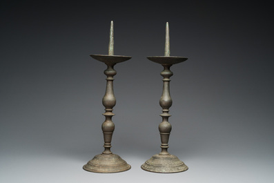 A pair of patinated bronze pricket candlesticks, France, 17th C.