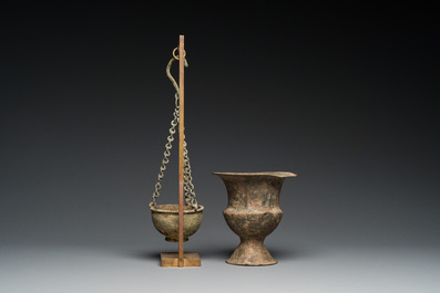 A Byzantine or Roman bronze vase and a hanging incense burner, 5/7th C.