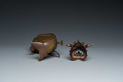 A Chinese bronze dragonfish form censer, Ming