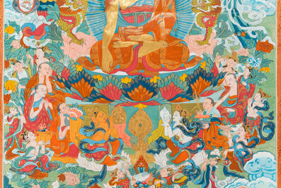 Twee thangka's met Shakyamuni Boeddha, Tibet, 20e eeuw