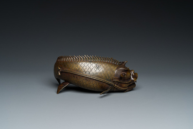 A Chinese bronze dragonfish form censer, Ming