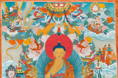 Twee thangka's met Shakyamuni Boeddha, Tibet, 20e eeuw