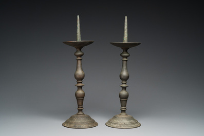 A pair of patinated bronze pricket candlesticks, France, 17th C.