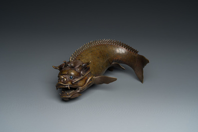 A Chinese bronze dragonfish form censer, Ming