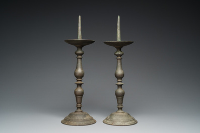 A pair of patinated bronze pricket candlesticks, France, 17th C.