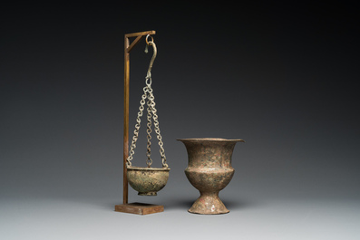 A Byzantine or Roman bronze vase and a hanging incense burner, 5/7th C.