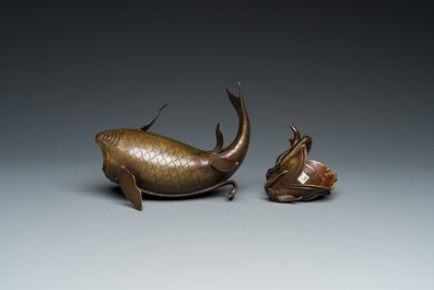 A Chinese bronze dragonfish form censer, Ming