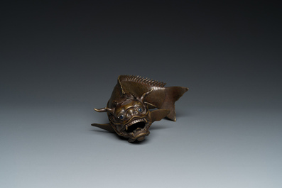 A Chinese bronze dragonfish form censer, Ming