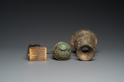 A Byzantine or Roman bronze vase and a hanging incense burner, 5/7th C.